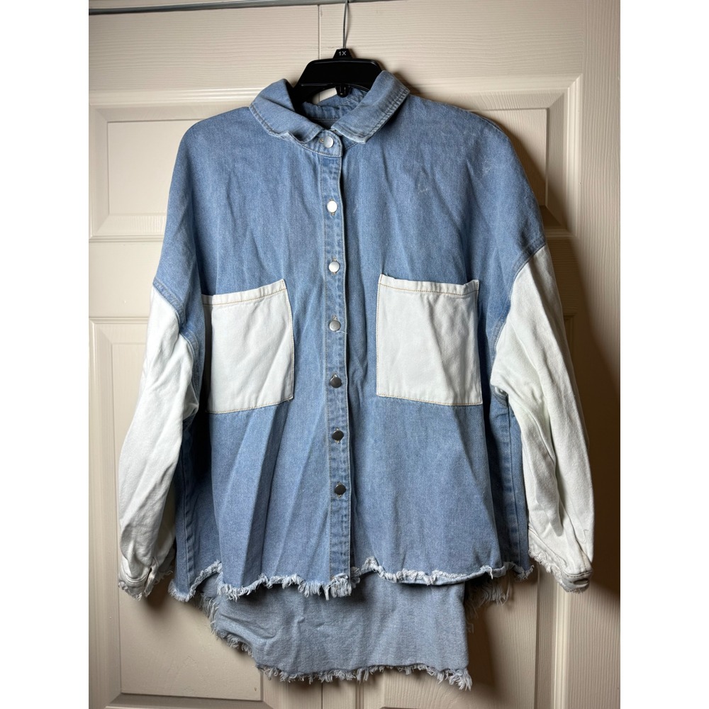POL Denim Shacket Women's Small Blue White Colorblock Star Patch Distressed